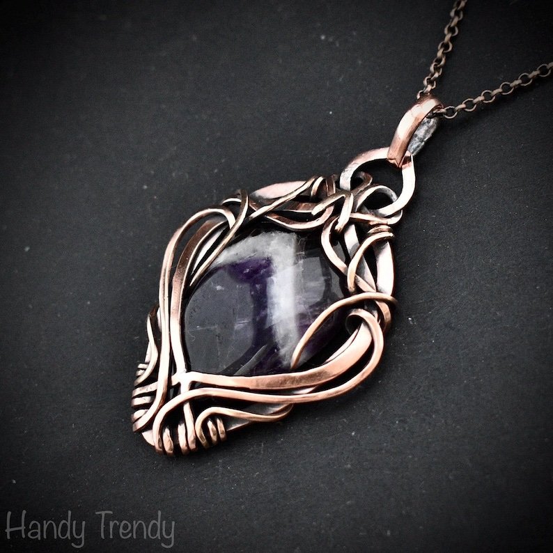 Star amethyst pendant, Free flow copper wire wrapped necklace, Unique handmade gift, One of a kind jewelry, Artisan boho jewelry