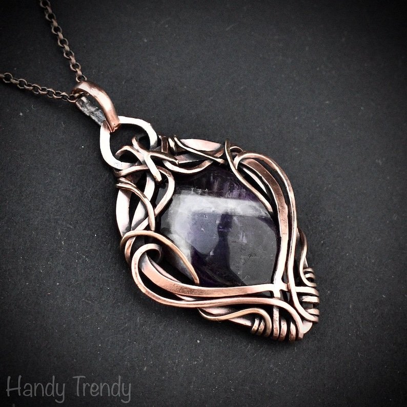 Star amethyst pendant, Free flow copper wire wrapped necklace, Unique handmade gift, One of a kind jewelry, Artisan boho jewelry