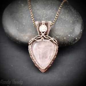 Rose quartz and white cubic zirconia pendant, Copper wire wrapped double stone necklace, Unique handmade gift, One of a kind jewelry
