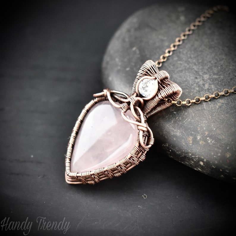Rose quartz and white cubic zirconia pendant, Copper wire wrapped double stone necklace, Unique handmade gift, One of a kind jewelry