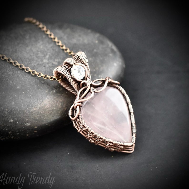 Rose quartz and white cubic zirconia pendant, Copper wire wrapped double stone necklace, Unique handmade gift, One of a kind jewelry
