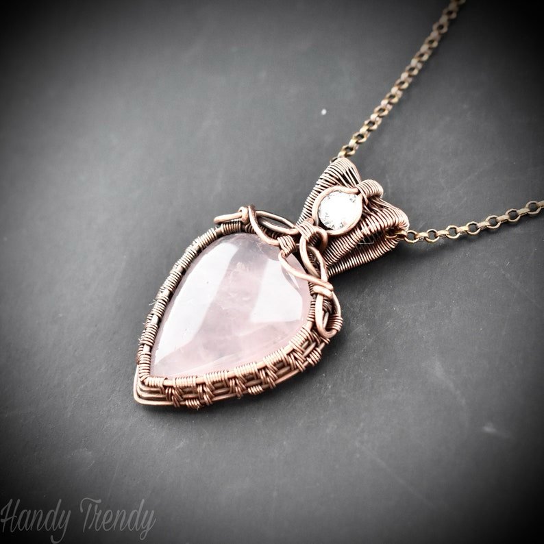 Rose quartz and white cubic zirconia pendant, Copper wire wrapped double stone necklace, Unique handmade gift, One of a kind jewelry