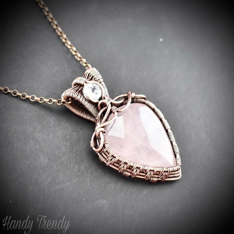 Rose quartz and white cubic zirconia pendant, Copper wire wrapped double stone necklace, Unique handmade gift, One of a kind jewelry