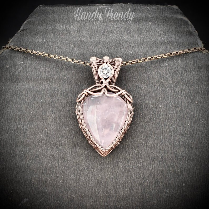 Rose quartz and white cubic zirconia pendant, Copper wire wrapped double stone necklace, Unique handmade gift, One of a kind jewelry