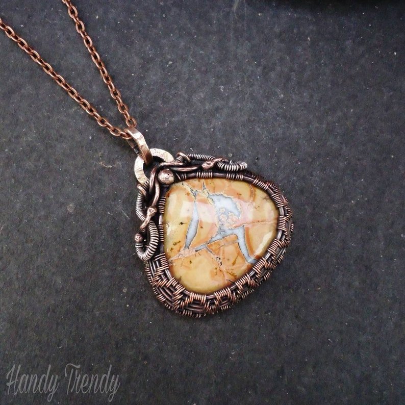 Maligano Jasper pendant, Sterling silver and copper Wire wrap necklace, Mix metal jewelry, Unique handmade gift for Mom Grandma Her