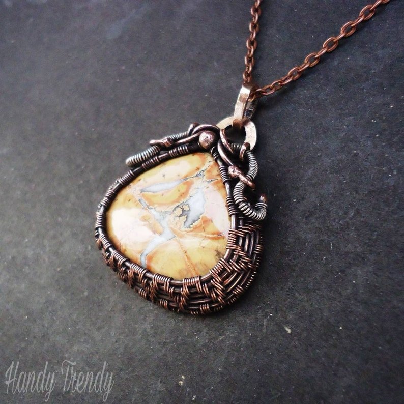 Maligano Jasper pendant, Sterling silver and copper Wire wrap necklace, Mix metal jewelry, Unique handmade gift for Mom Grandma Her