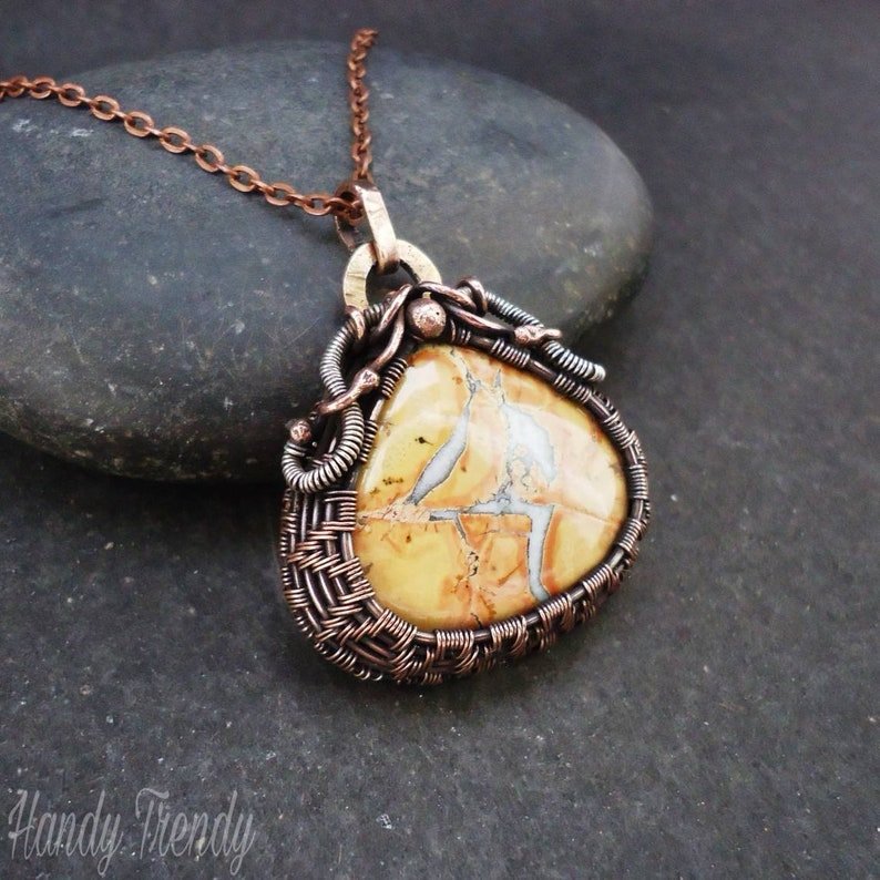 Maligano Jasper pendant, Sterling silver and copper Wire wrap necklace, Mix metal jewelry, Unique handmade gift for Mom Grandma Her