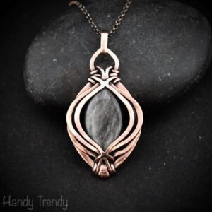 Silver obsidian pendant, Free-Flow copper wire wrapped necklace, Unique handmade gift, One of a kind artisan boho jewelry