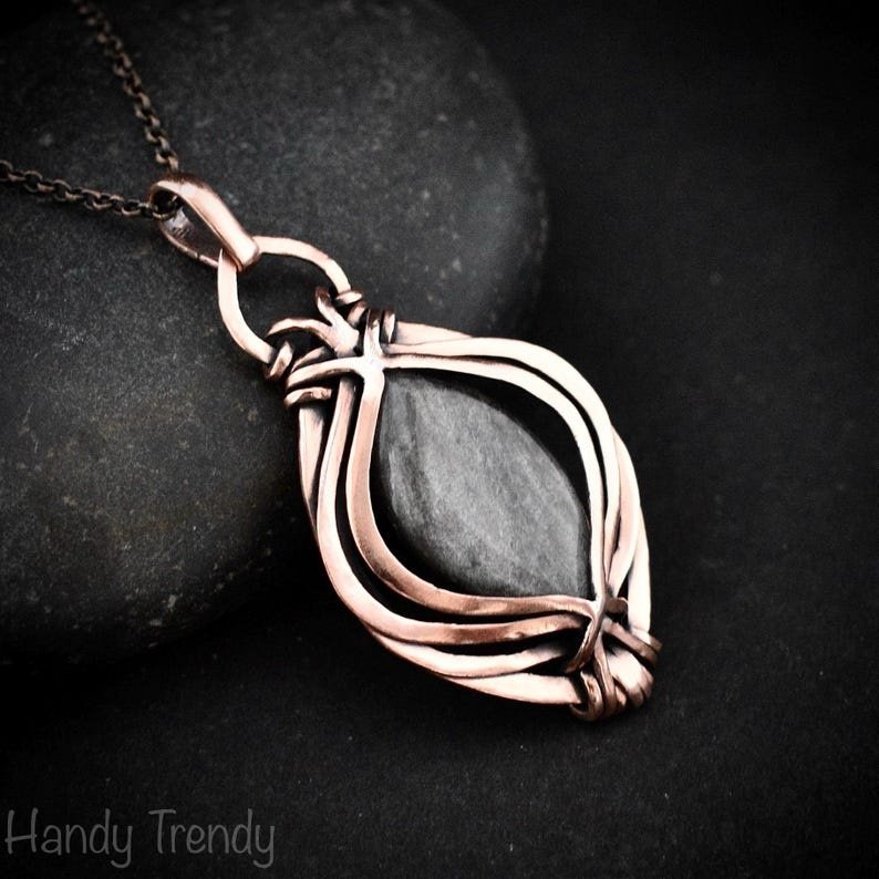 Silver obsidian pendant, Free-Flow copper wire wrapped necklace, Unique handmade gift, One of a kind artisan boho jewelry