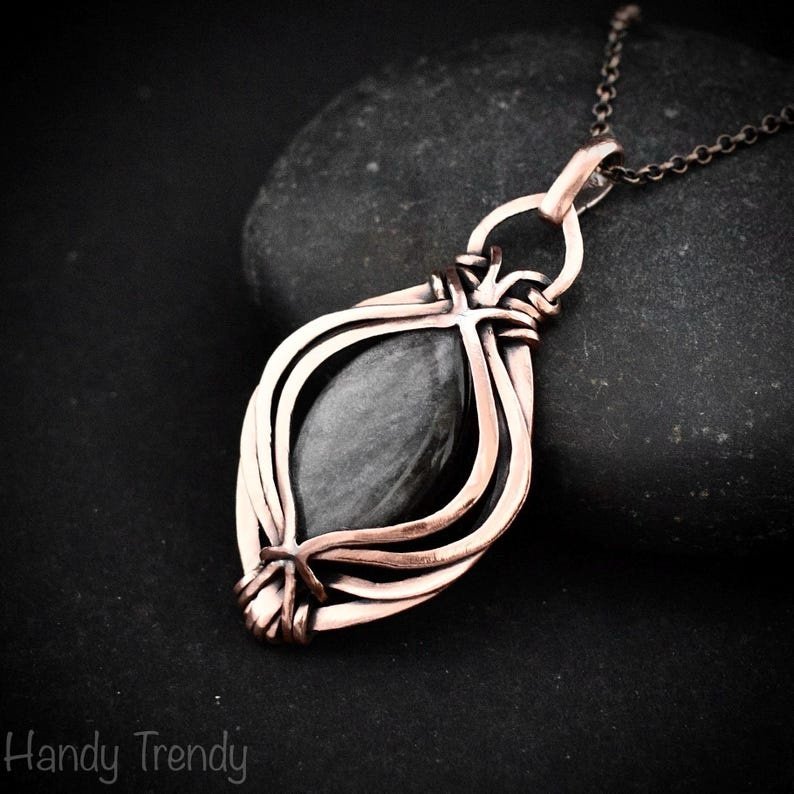 Silver obsidian pendant, Free-Flow copper wire wrapped necklace, Unique handmade gift, One of a kind artisan boho jewelry