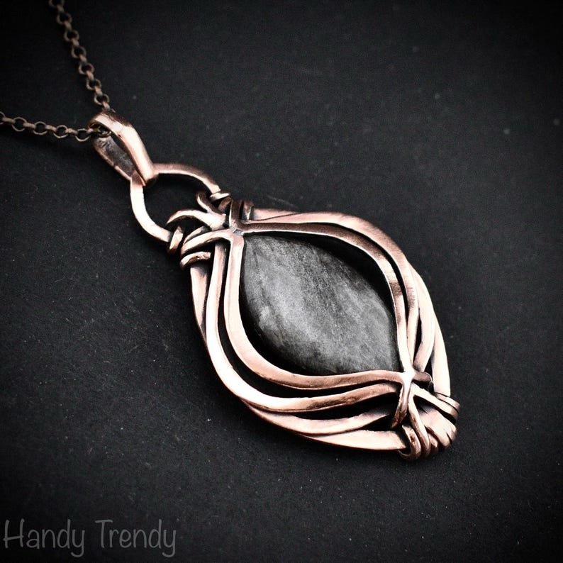 Silver obsidian pendant, Free-Flow copper wire wrapped necklace, Unique handmade gift, One of a kind artisan boho jewelry