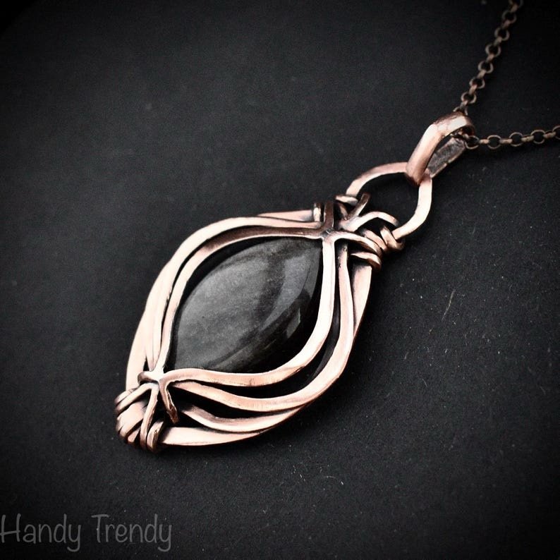 Silver obsidian pendant, Free-Flow copper wire wrapped necklace, Unique handmade gift, One of a kind artisan boho jewelry