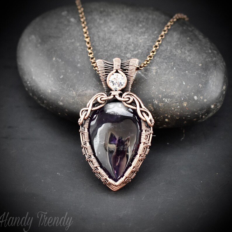 Star amethyst and white cubic zirconia pendant, Copper wire wrapped double stone necklace, Unique handmade gift, One of a kind jewelry