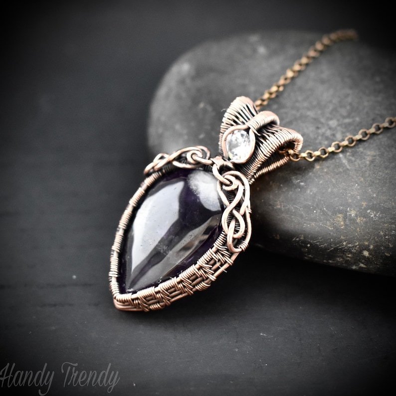 Star amethyst and white cubic zirconia pendant, Copper wire wrapped double stone necklace, Unique handmade gift, One of a kind jewelry