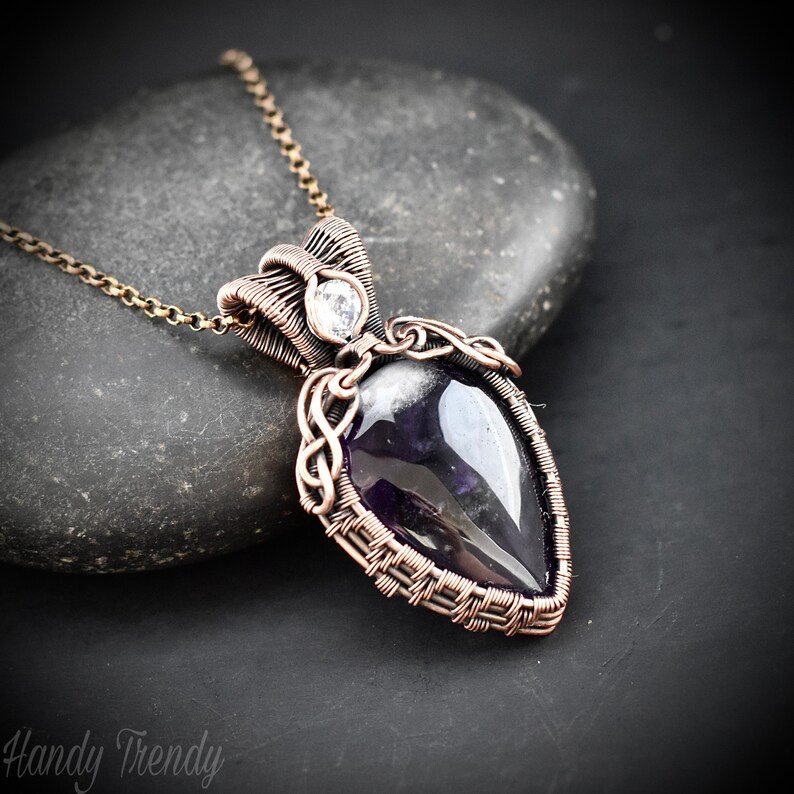 Star amethyst and white cubic zirconia pendant, Copper wire wrapped double stone necklace, Unique handmade gift, One of a kind jewelry