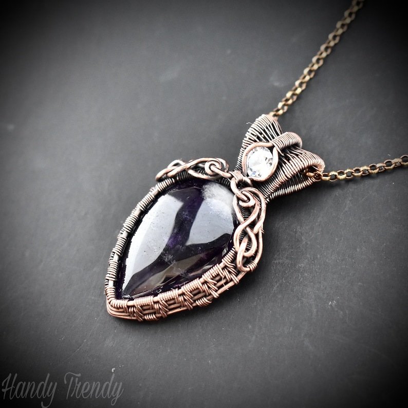 Star amethyst and white cubic zirconia pendant, Copper wire wrapped double stone necklace, Unique handmade gift, One of a kind jewelry