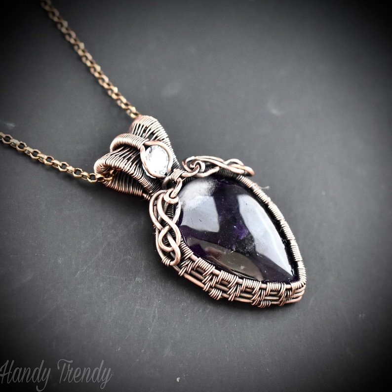 Star amethyst and white cubic zirconia pendant, Copper wire wrapped double stone necklace, Unique handmade gift, One of a kind jewelry