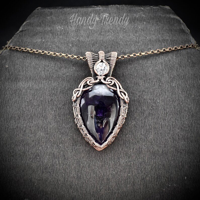Star amethyst and white cubic zirconia pendant, Copper wire wrapped double stone necklace, Unique handmade gift, One of a kind jewelry