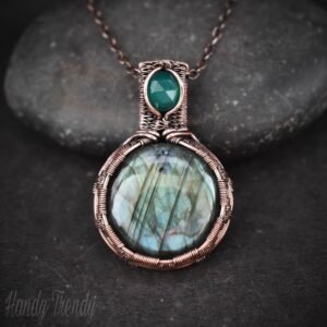 Labradorite and green onyx pendant, Copper Wire wrap jewelry, Unique birthday gift, Statement artisan necklace