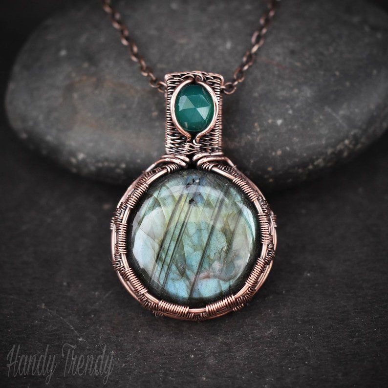Labradorite and green onyx pendant, Copper Wire wrap jewelry, Unique birthday gift, Statement artisan necklace