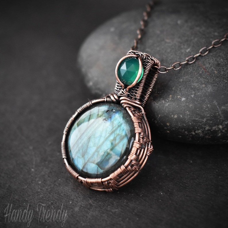 Labradorite and green onyx pendant, Copper Wire wrap jewelry, Unique birthday gift, Statement artisan necklace