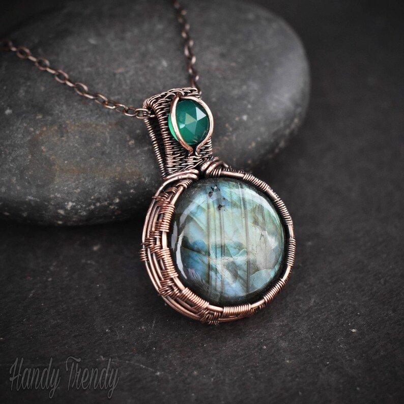 Labradorite and green onyx pendant, Copper Wire wrap jewelry, Unique birthday gift, Statement artisan necklace