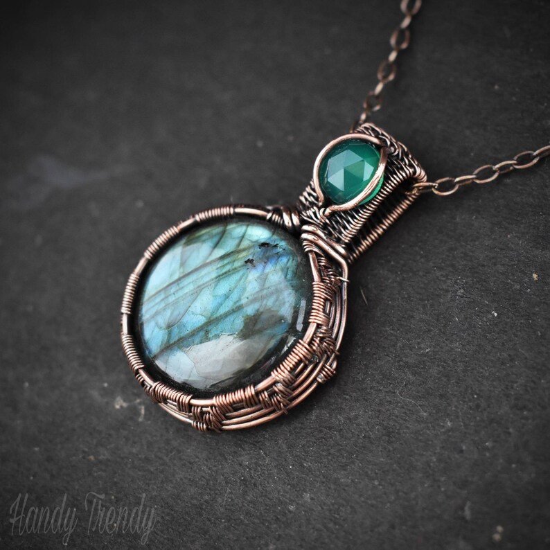 Labradorite and green onyx pendant, Copper Wire wrap jewelry, Unique birthday gift, Statement artisan necklace