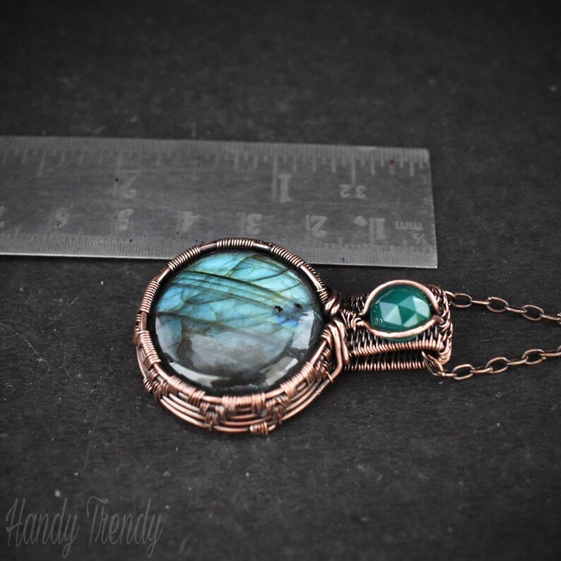 Labradorite and green onyx pendant, Copper Wire wrap jewelry, Unique birthday gift, Statement artisan necklace