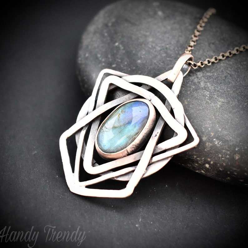 Geometric labradorite pendant, Copper Wire wrapped necklace, Unique handmade gift, One of a kind artisan boho jewelry