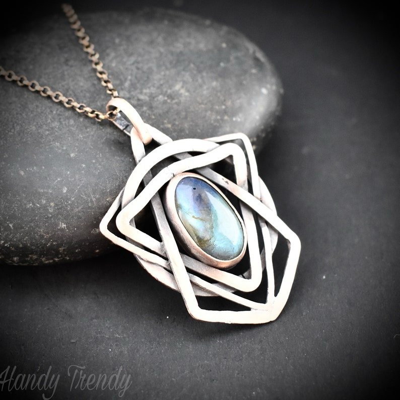 Geometric labradorite pendant, Copper Wire wrapped necklace, Unique handmade gift, One of a kind artisan boho jewelry