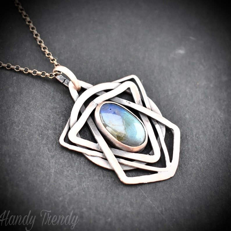 Geometric labradorite pendant, Copper Wire wrapped necklace, Unique handmade gift, One of a kind artisan boho jewelry
