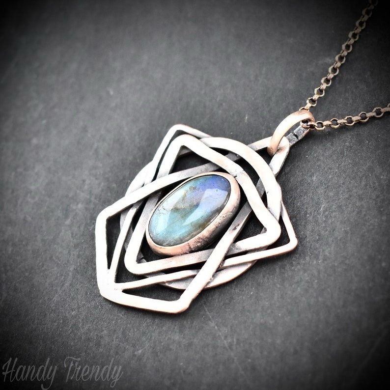 Geometric labradorite pendant, Copper Wire wrapped necklace, Unique handmade gift, One of a kind artisan boho jewelry