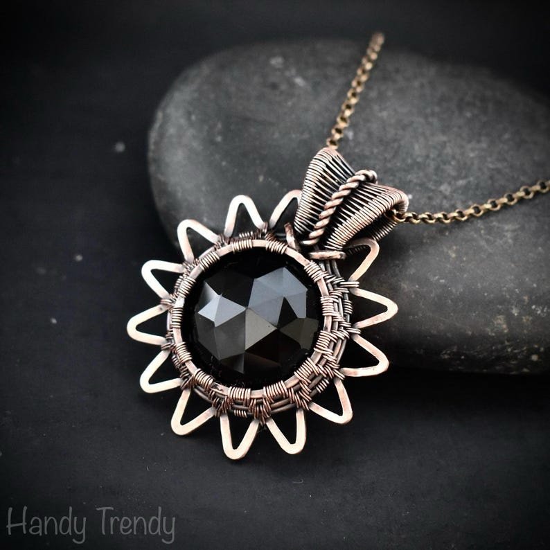 Black onyx pendant, Solar eclipse necklace, Copper wire wrapped jewelry, Unique handmade gift, One of a kind artisan jewelry
