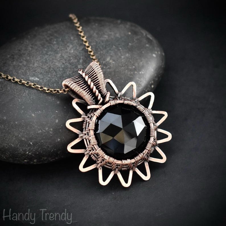 Black onyx pendant, Solar eclipse necklace, Copper wire wrapped jewelry, Unique handmade gift, One of a kind artisan jewelry