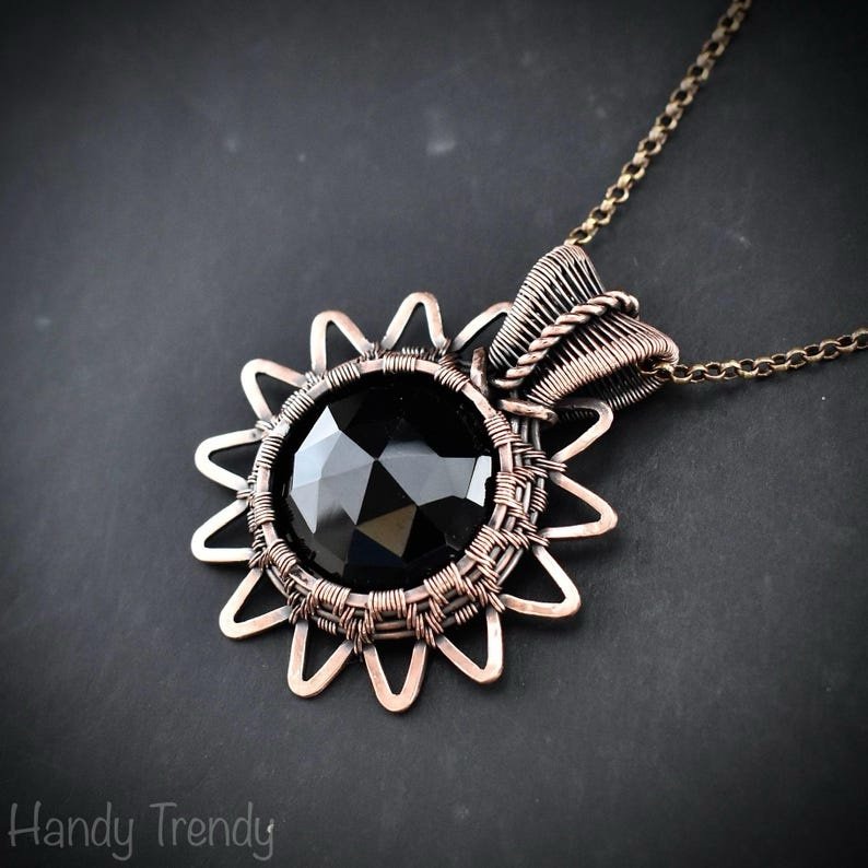 Black onyx pendant, Solar eclipse necklace, Copper wire wrapped jewelry, Unique handmade gift, One of a kind artisan jewelry