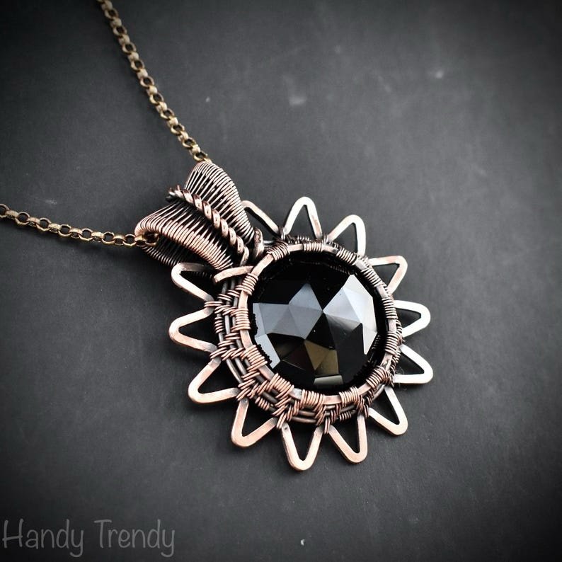 Black onyx pendant, Solar eclipse necklace, Copper wire wrapped jewelry, Unique handmade gift, One of a kind artisan jewelry