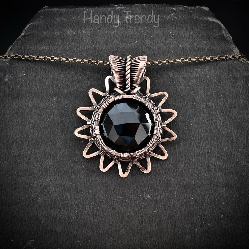 Black onyx pendant, Solar eclipse necklace, Copper wire wrapped jewelry, Unique handmade gift, One of a kind artisan jewelry