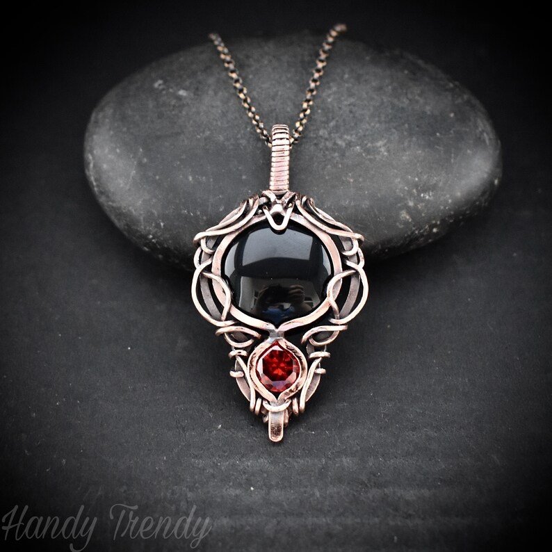 Black onyx and red cubic zirconia pendant, Free-Flow copper wire wrapped necklace, Unique handmade gift, One of a kind pendant