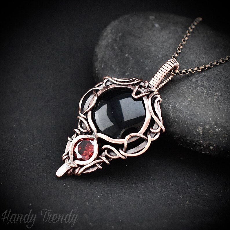 Black onyx and red cubic zirconia pendant, Free-Flow copper wire wrapped necklace, Unique handmade gift, One of a kind pendant