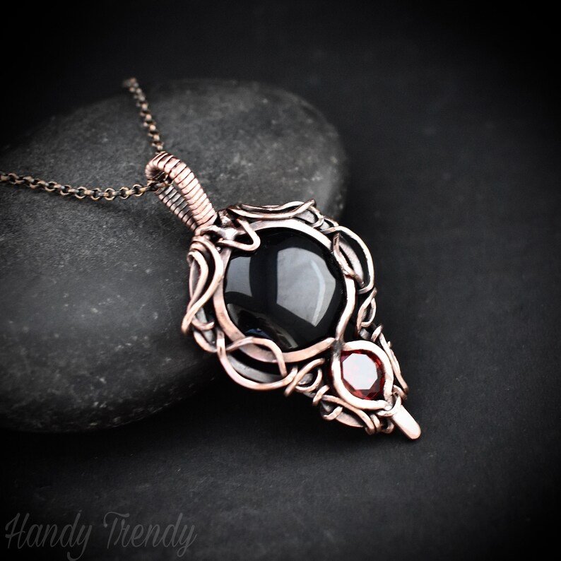Black onyx and red cubic zirconia pendant, Free-Flow copper wire wrapped necklace, Unique handmade gift, One of a kind pendant