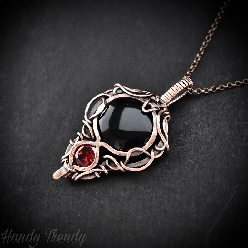 Black onyx and red cubic zirconia pendant, Free-Flow copper wire wrapped necklace, Unique handmade gift, One of a kind pendant
