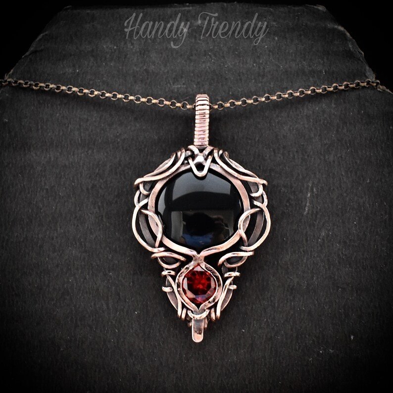 Black onyx and red cubic zirconia pendant, Free-Flow copper wire wrapped necklace, Unique handmade gift, One of a kind pendant