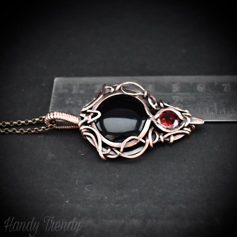 Black onyx and red cubic zirconia pendant, Free-Flow copper wire wrapped necklace, Unique handmade gift, One of a kind pendant