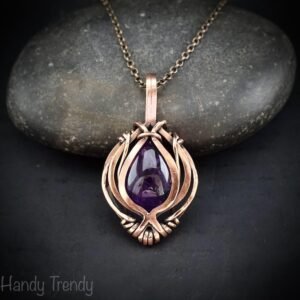 Amethyst pendant, Free flow copper wire wrapped necklace, Unique handmade gift, One of a kind jewelry, Artisan boho jewelry