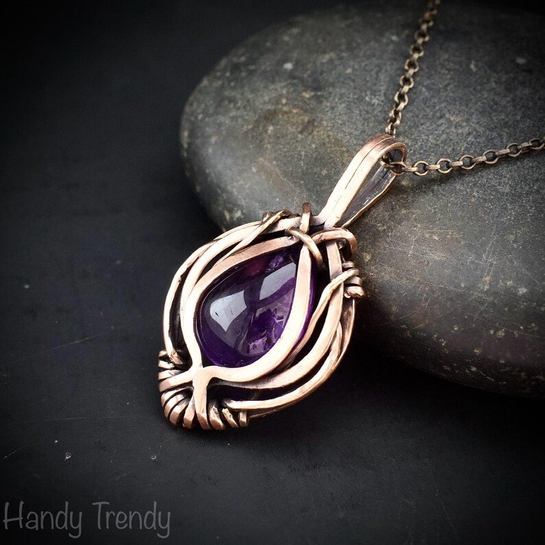 Amethyst pendant, Free flow copper wire wrapped necklace, Unique handmade gift, One of a kind jewelry, Artisan boho jewelry