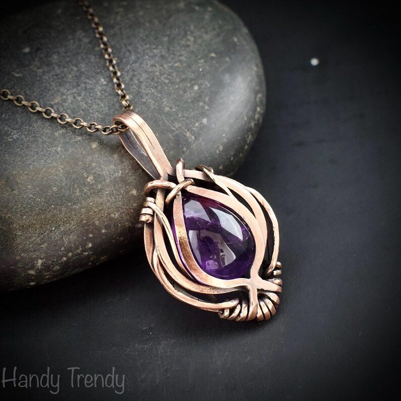Amethyst pendant, Free flow copper wire wrapped necklace, Unique handmade gift, One of a kind jewelry, Artisan boho jewelry
