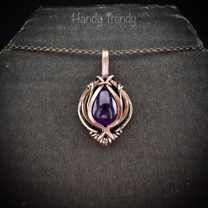 Amethyst pendant, Free flow copper wire wrapped necklace, Unique handmade gift, One of a kind jewelry, Artisan boho jewelry