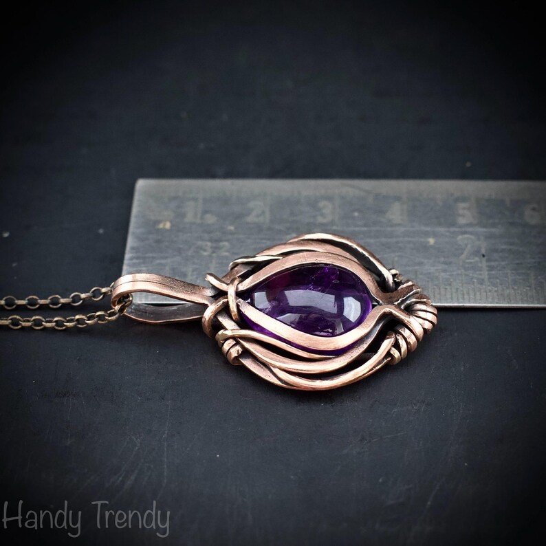 Amethyst pendant, Free flow copper wire wrapped necklace, Unique handmade gift, One of a kind jewelry, Artisan boho jewelry