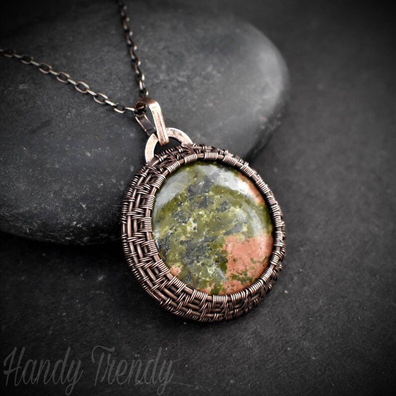 Unakite endless cage pendant, Copper Wire wrapped necklace, Unique handmade gift, Artisan boho jewelry, One of a kind statement piece