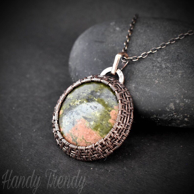 Unakite endless cage pendant, Copper Wire wrapped necklace, Unique handmade gift, Artisan boho jewelry, One of a kind statement piece